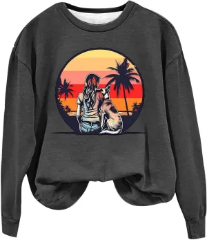 Crew Neck Sweatshirts Women Long Sleeve Casual Loose Fit Graphic Print Pullover Tops Fleece Lightweight Fashion Tops