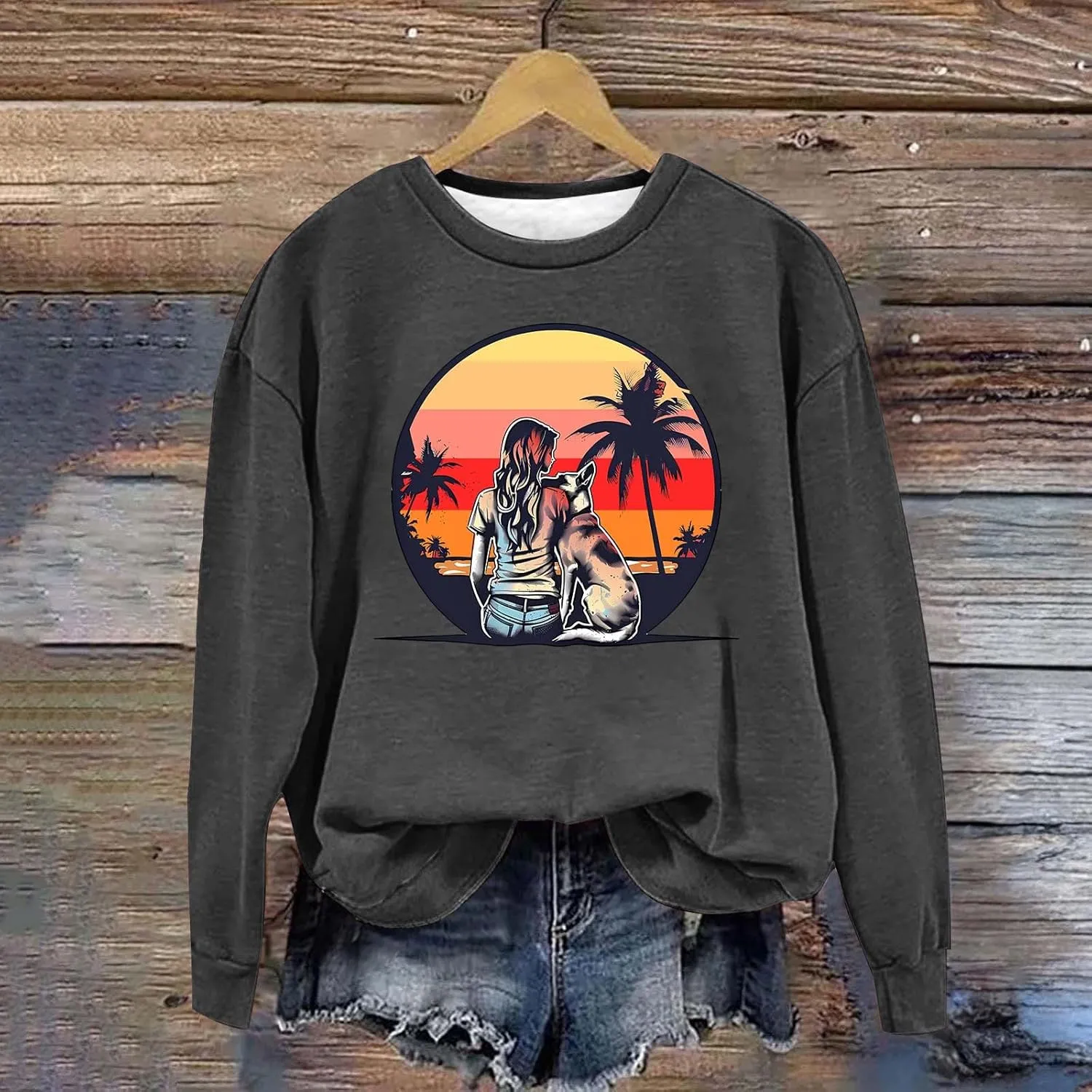 Crew Neck Sweatshirts Women Long Sleeve Casual Loose Fit Graphic Print Pullover Tops Fleece Lightweight Fashion Tops