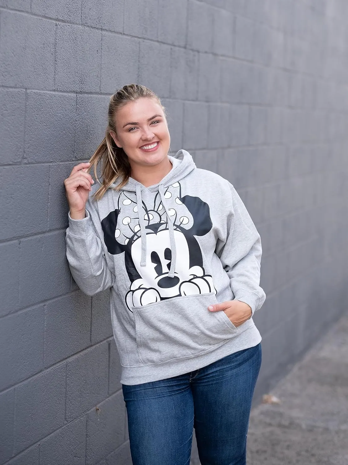 Disney Women Hoodie Minnie Mouse Peeking Pullover Sweatshirt
