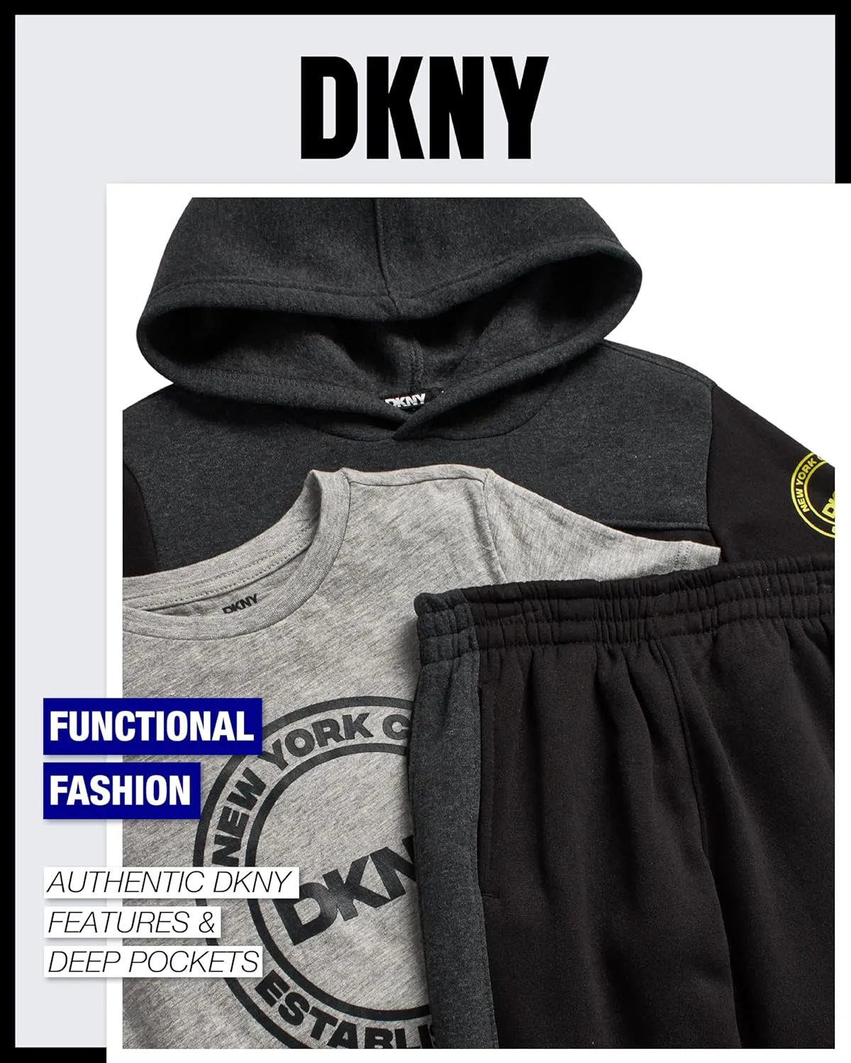 DKNY Toddler Boys' Jogger Set - 3 Piece Short Sleeve Graphic T-Shirt, Pullover Hoodie, and Jogger Sweat Pants (Sizes: 4-7)
