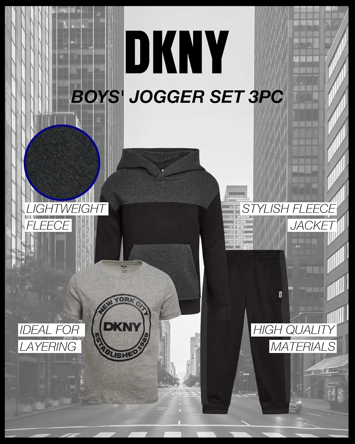 DKNY Toddler Boys' Jogger Set - 3 Piece Short Sleeve Graphic T-Shirt, Pullover Hoodie, and Jogger Sweat Pants (Sizes: 4-7)
