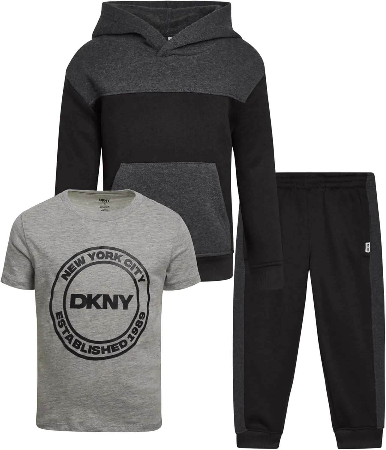 DKNY Toddler Boys' Jogger Set - 3 Piece Short Sleeve Graphic T-Shirt, Pullover Hoodie, and Jogger Sweat Pants (Sizes: 4-7)