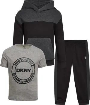 DKNY Toddler Boys' Jogger Set - 3 Piece Short Sleeve Graphic T-Shirt, Pullover Hoodie, and Jogger Sweat Pants (Sizes: 4-7)