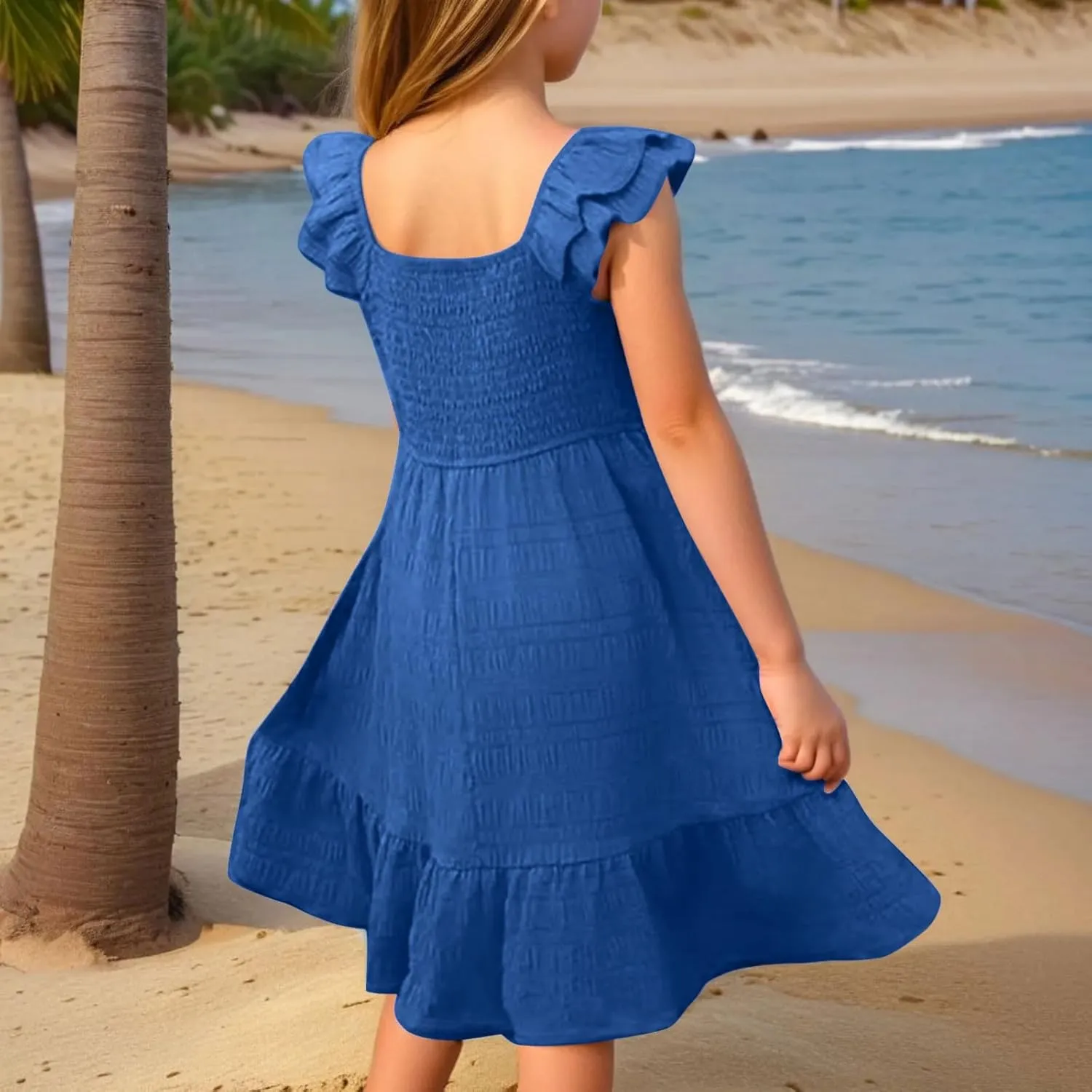 Dresses for Girls Summer Double Layer Ruffle Sleeve Casual Sundress Tiered A Line Smocked Flowy Dress