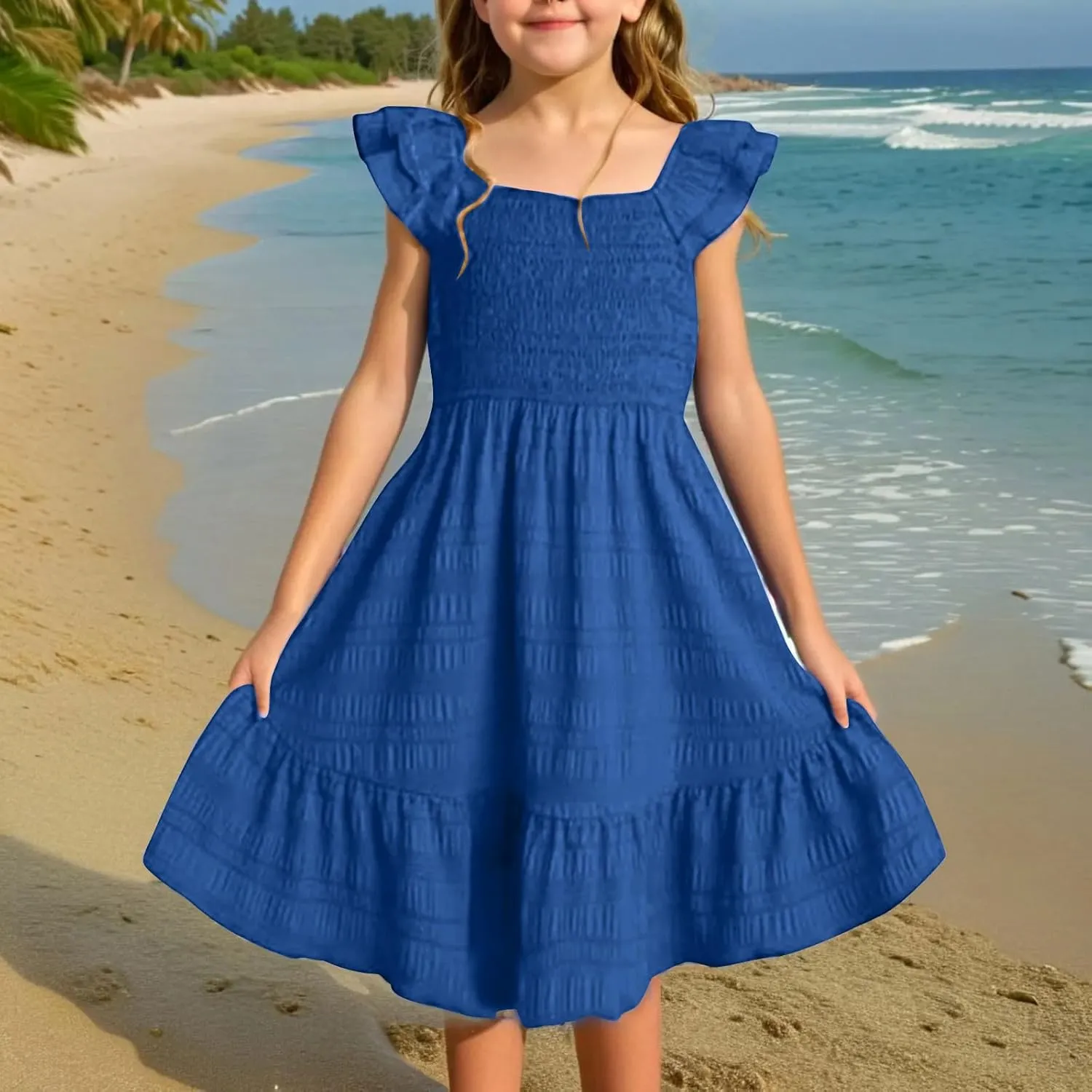 Dresses for Girls Summer Double Layer Ruffle Sleeve Casual Sundress Tiered A Line Smocked Flowy Dress