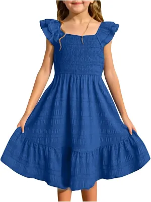 Dresses for Girls Summer Double Layer Ruffle Sleeve Casual Sundress Tiered A Line Smocked Flowy Dress