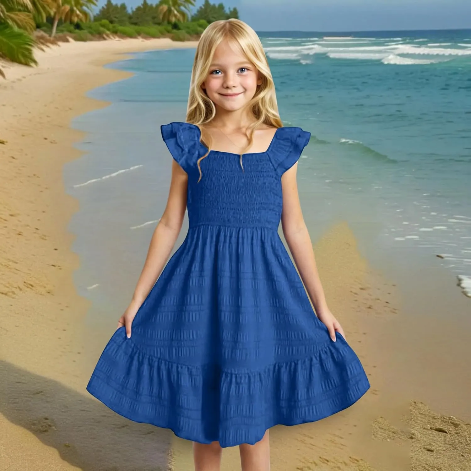 Dresses for Girls Summer Double Layer Ruffle Sleeve Casual Sundress Tiered A Line Smocked Flowy Dress