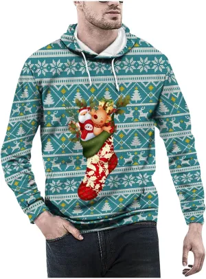 DuDubaby Merry Christmas Hoodie Men Christmas Vintage Print Autumn Winter Long Sleeve Hoodie Hoodie Top Sweater Hooded Jacket