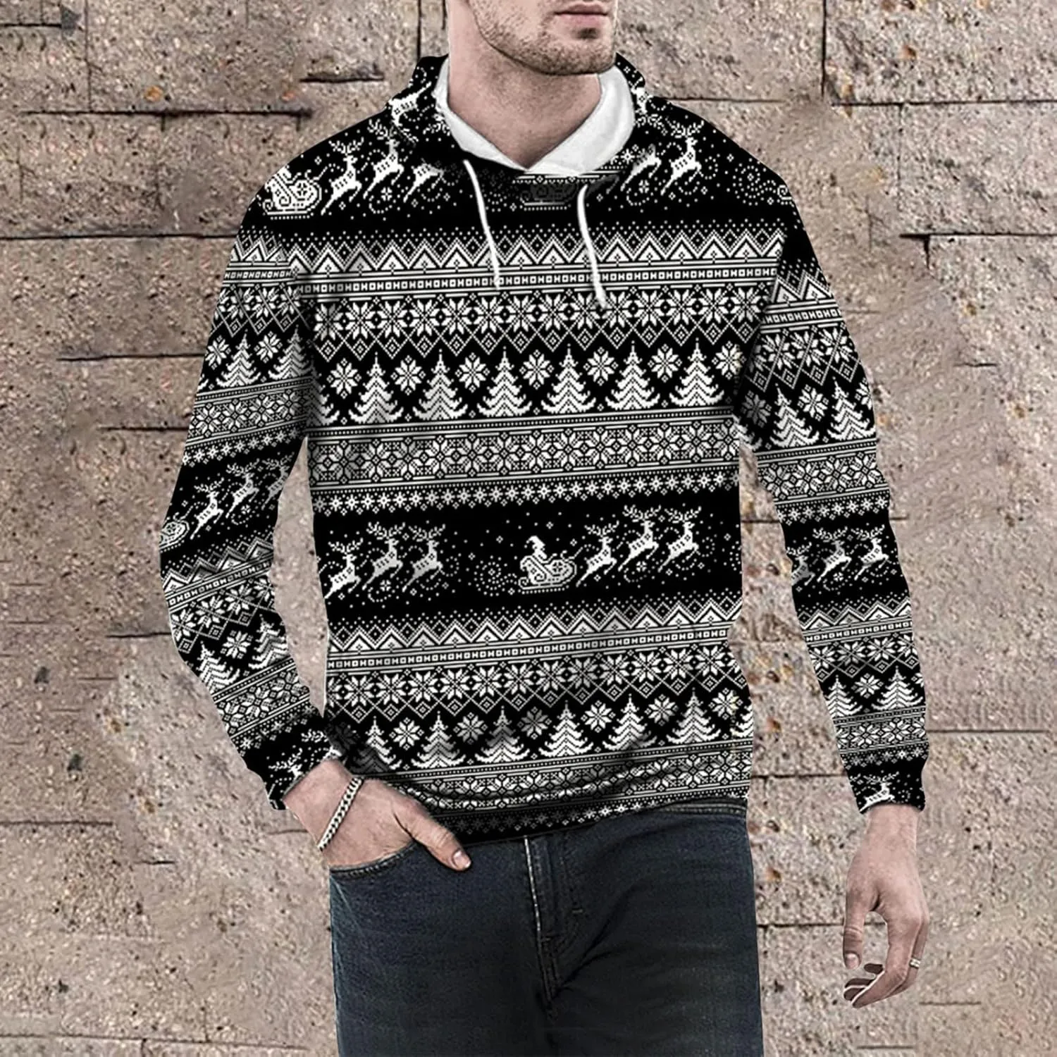 DuDubaby Ugly Christmas Hoodie Men Christmas Vintage Print Autumn Winter Long Sleeve Hoodie Hoodie Top Sweater Hooded Jacket