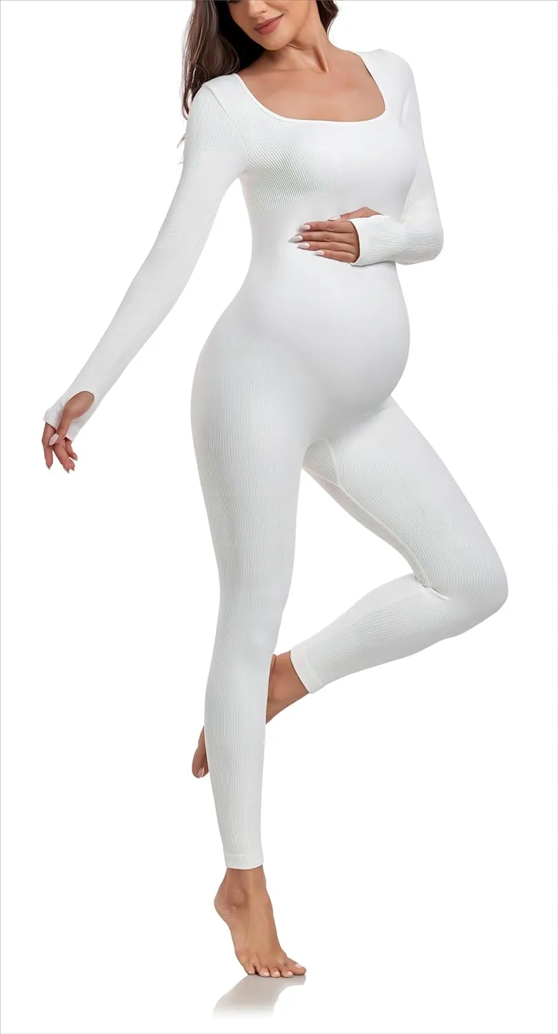 EastElegant Maternity Seamless Yoga Jumpsuits Women's One Piece Workout Bodysuits Ribbed Square Neck Long Sleeved Romper