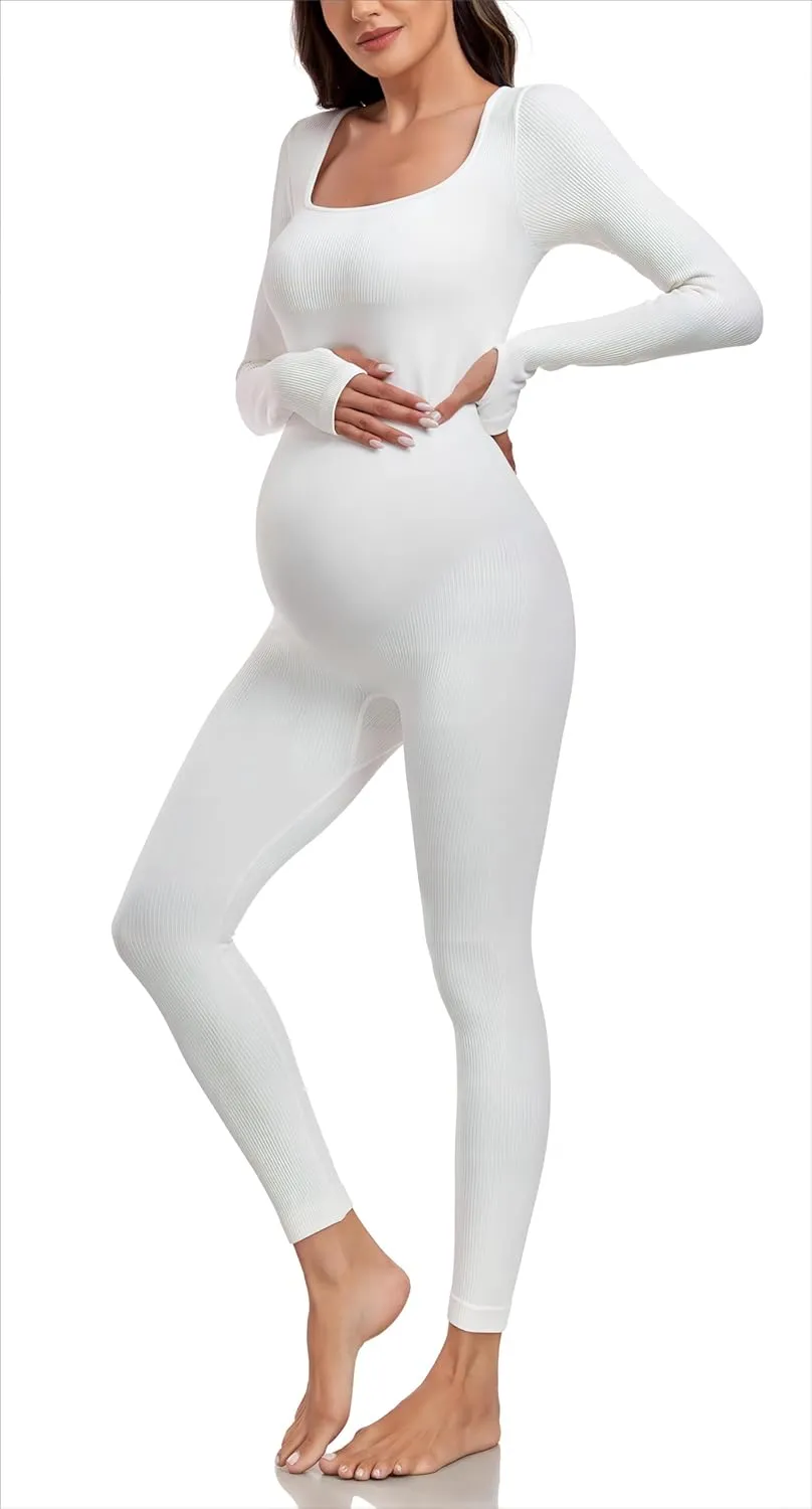 EastElegant Maternity Seamless Yoga Jumpsuits Women's One Piece Workout Bodysuits Ribbed Square Neck Long Sleeved Romper