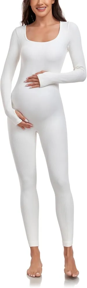 EastElegant Maternity Seamless Yoga Jumpsuits Women's One Piece Workout Bodysuits Ribbed Square Neck Long Sleeved Romper