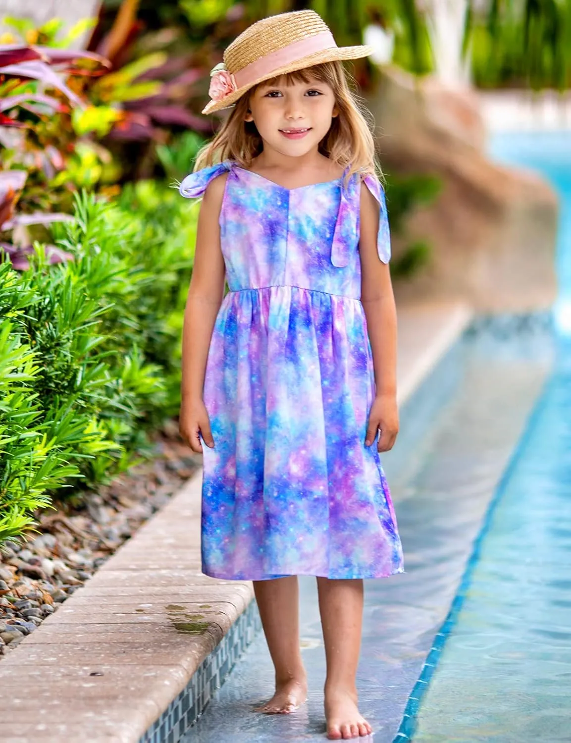 Enlifety 3-10T Girls Dresses Sleeveless Summer Dress Bowknot Strap V Neck Sundress