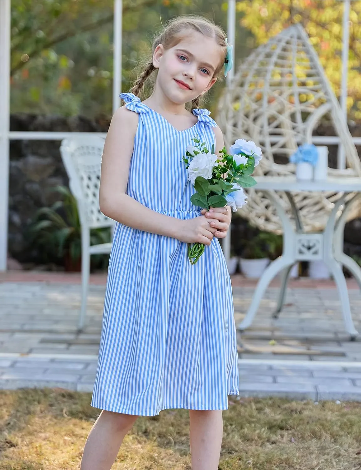 Enlifety 3-10T Girls Dresses Sleeveless Summer Dress Bowknot Strap V Neck Sundress