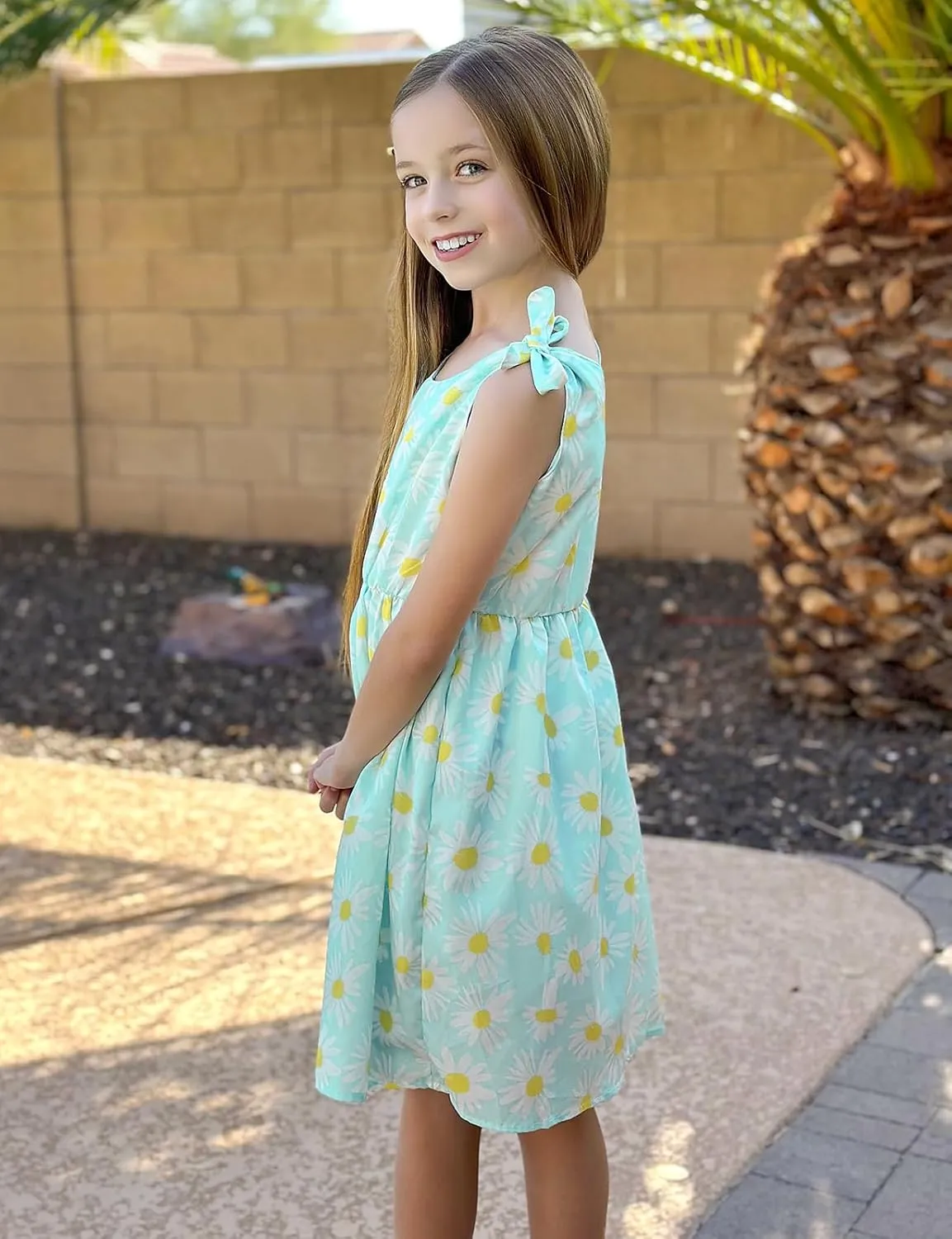 Enlifety 3-10T Girls Dresses Sleeveless Summer Dress Bowknot Strap V Neck Sundress