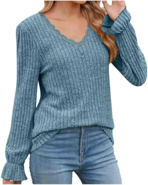 Fahion Sweatshirts for Women long sleeve V Neck Tops 2024 Trendy Casual Ruffle Sleeve Fleece Knitted Pullover Top