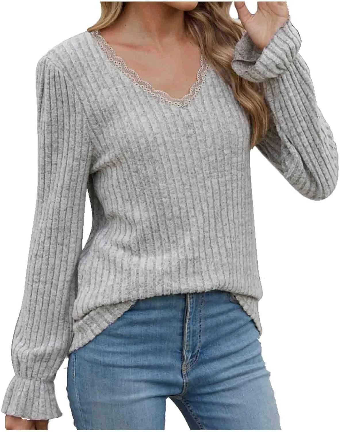 Fahion Sweatshirts for Women long sleeve V Neck Tops 2024 Trendy Casual Ruffle Sleeve Fleece Knitted Pullover Top