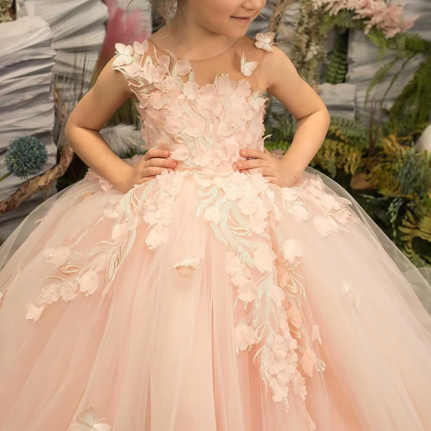 Flower Girls Dresses for Wedding 3D Butterfly Appliques First Communion Dresses Tulle Pageant Dress
