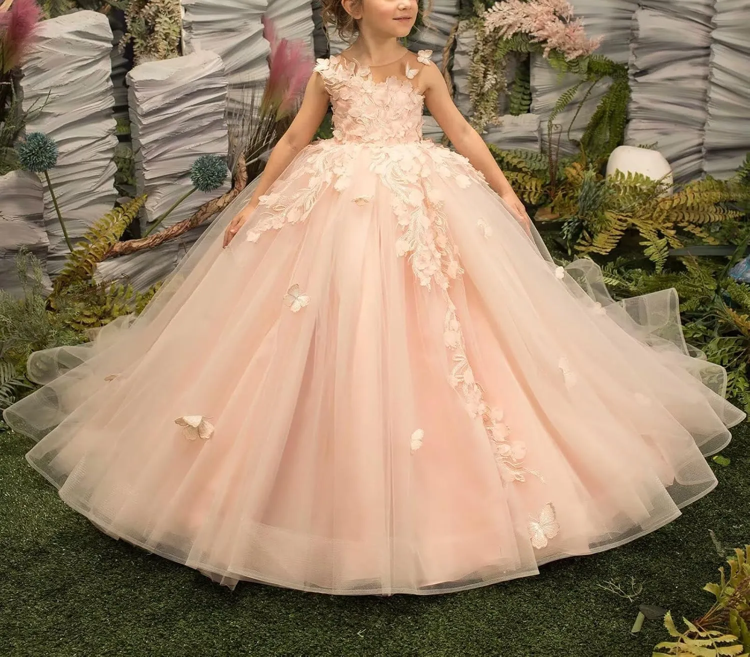 Flower Girls Dresses for Wedding 3D Butterfly Appliques First Communion Dresses Tulle Pageant Dress