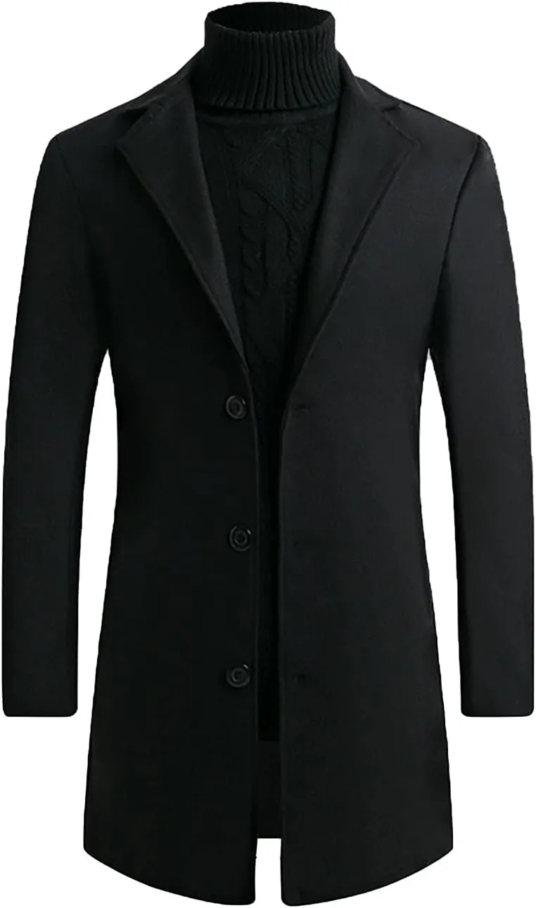 French Woolen Coat For Men's,Mens Business Solid Down Jacket Trench Topcoat Breasted Slim Fit Lapel Winter Overcoat