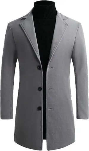 French Woolen Coat For Men's,Mens Business Solid Down Jacket Trench Topcoat Breasted Slim Fit Lapel Winter Overcoat