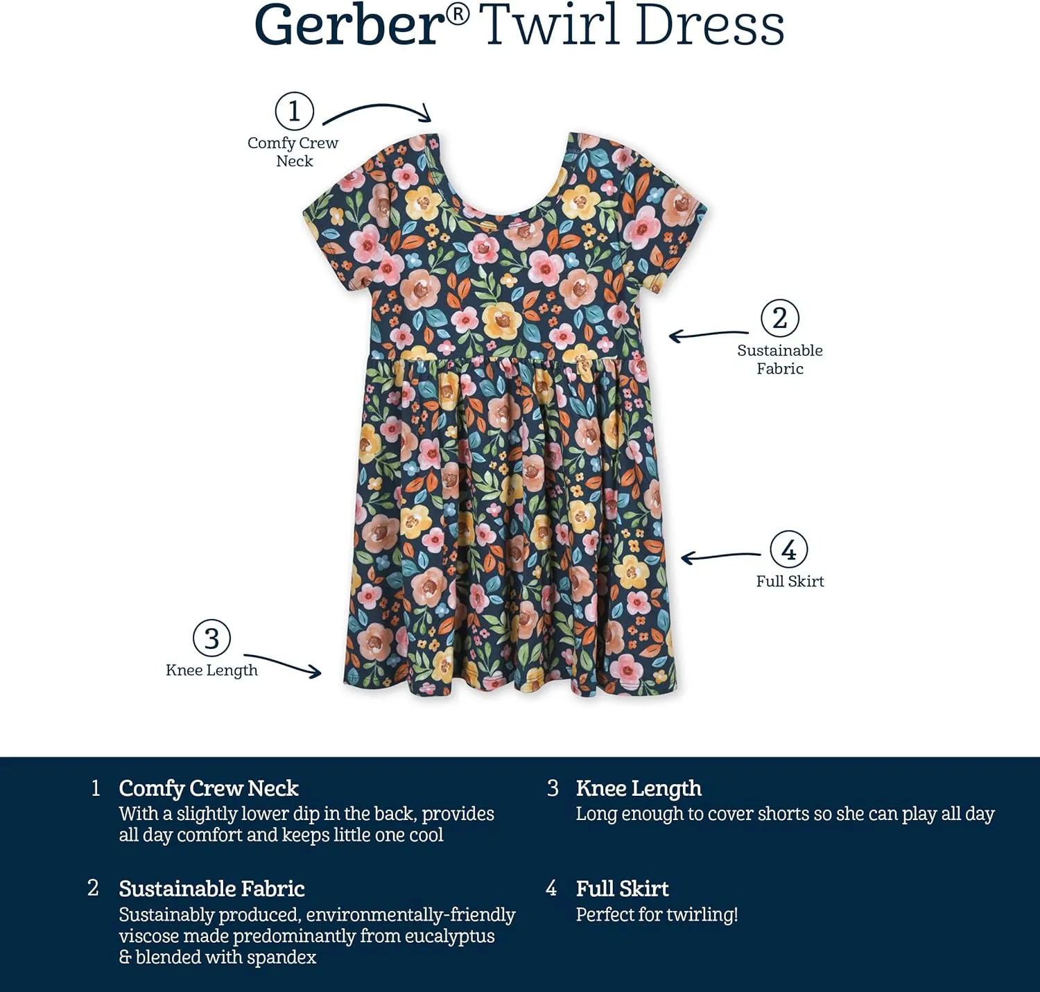 Gerber Baby Girls' Toddler Buttery-Soft Short Sleeve Twirl Dress with Viscose Made with Eucalyptus