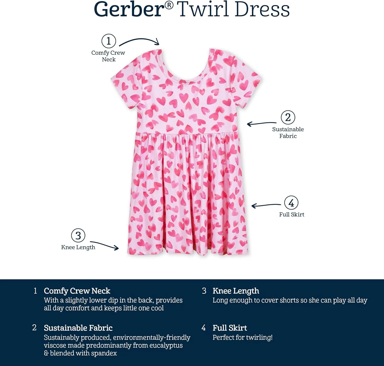 Gerber Baby Girls' Toddler Buttery-Soft Short Sleeve Twirl Dress with Viscose Made with Eucalyptus