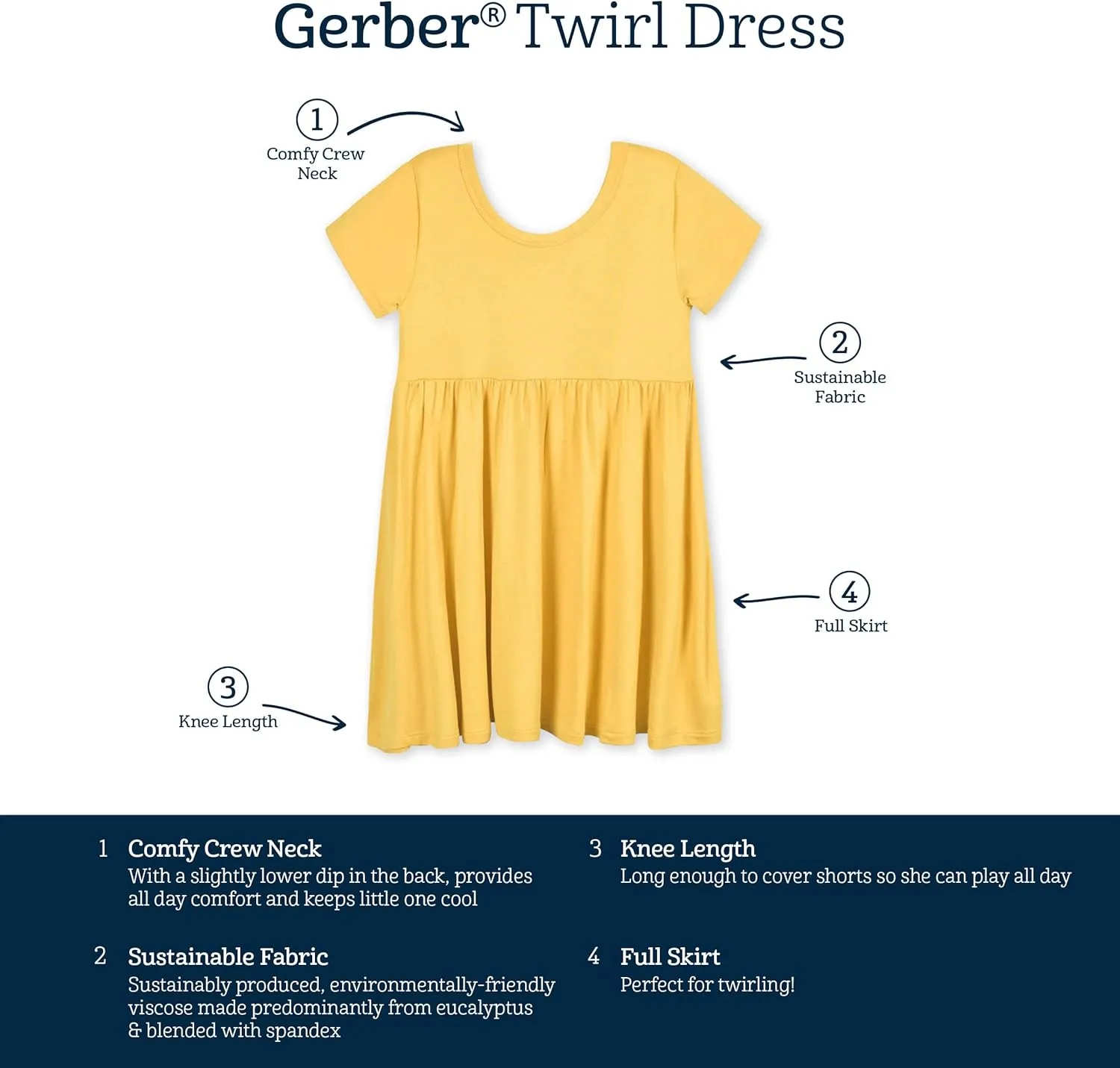 Gerber Baby Girls' Toddler Buttery-Soft Short Sleeve Twirl Dress with Viscose Made with Eucalyptus