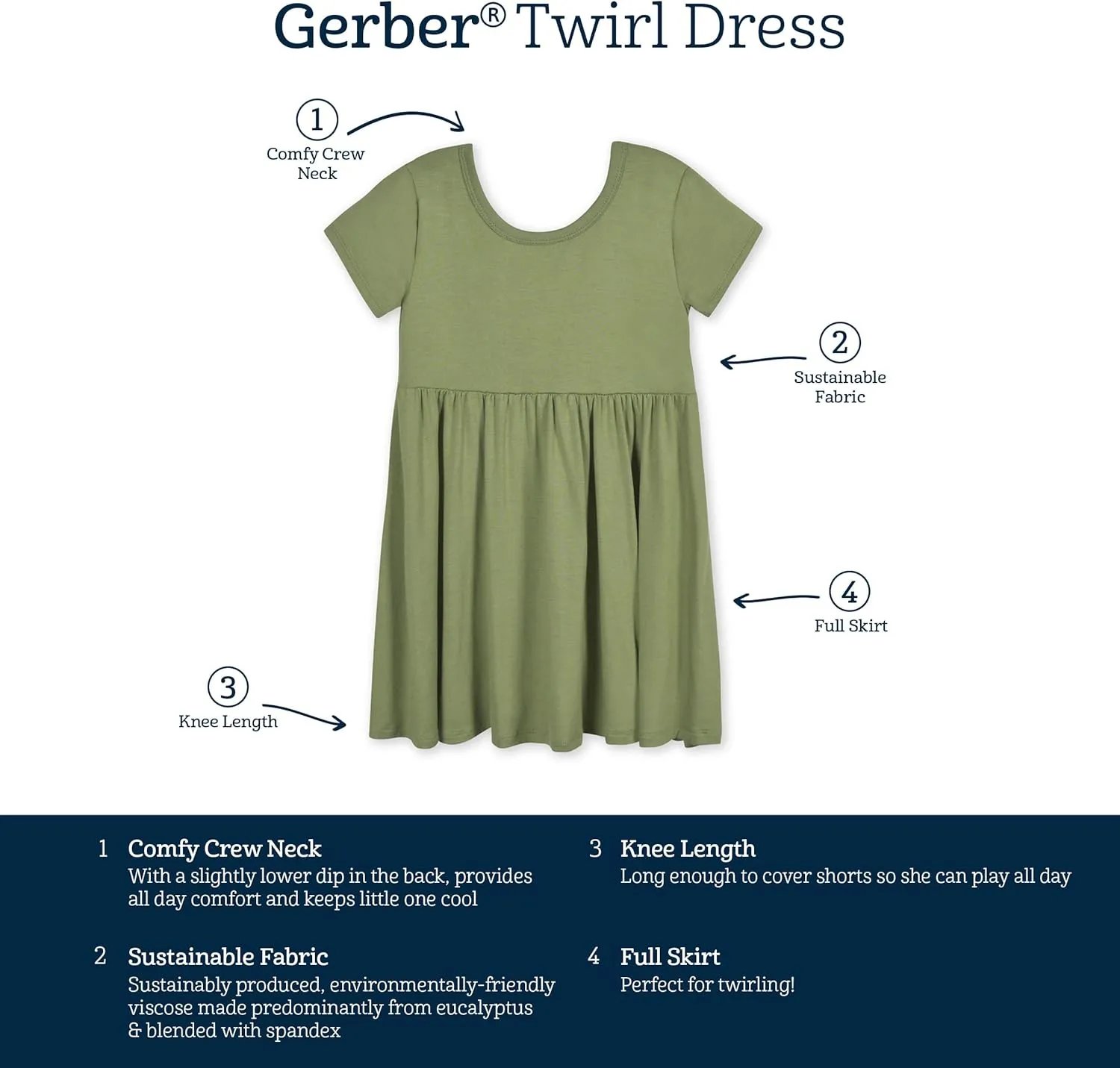 Gerber Baby Girls' Toddler Buttery-Soft Short Sleeve Twirl Dress with Viscose Made with Eucalyptus