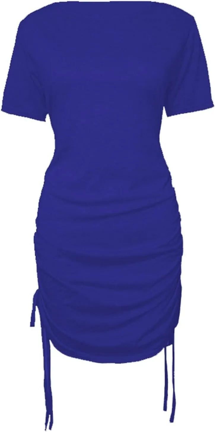 GIERIDUC Women's Summer Ruched Short Sleeve Bodycon Mini Dress Casual Drawstring Ribbed Knit Round Neck T Shirt Short Dresses