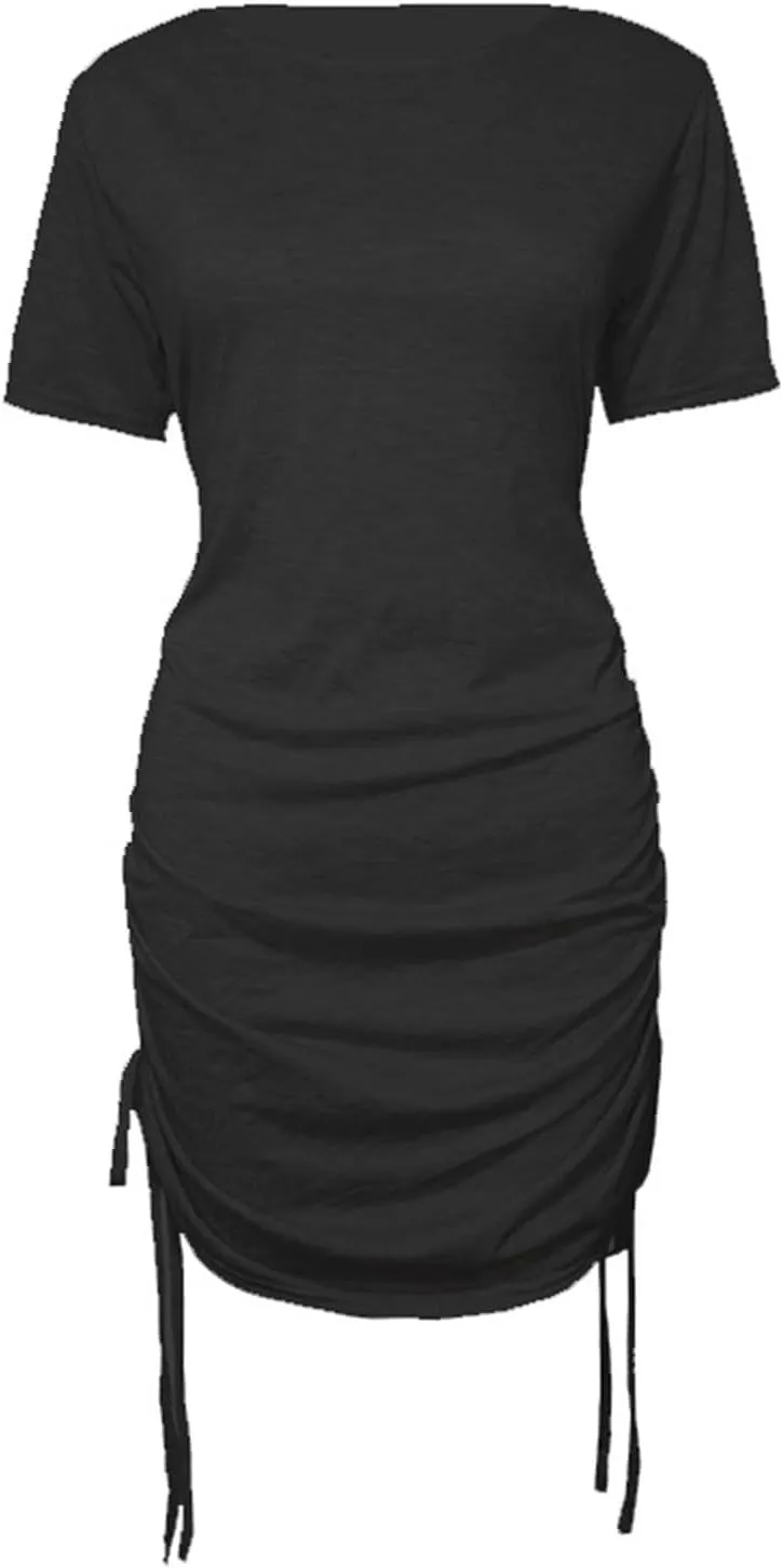 GIERIDUC Women's Summer Ruched Short Sleeve Bodycon Mini Dress Casual Drawstring Ribbed Knit Round Neck T Shirt Short Dresses