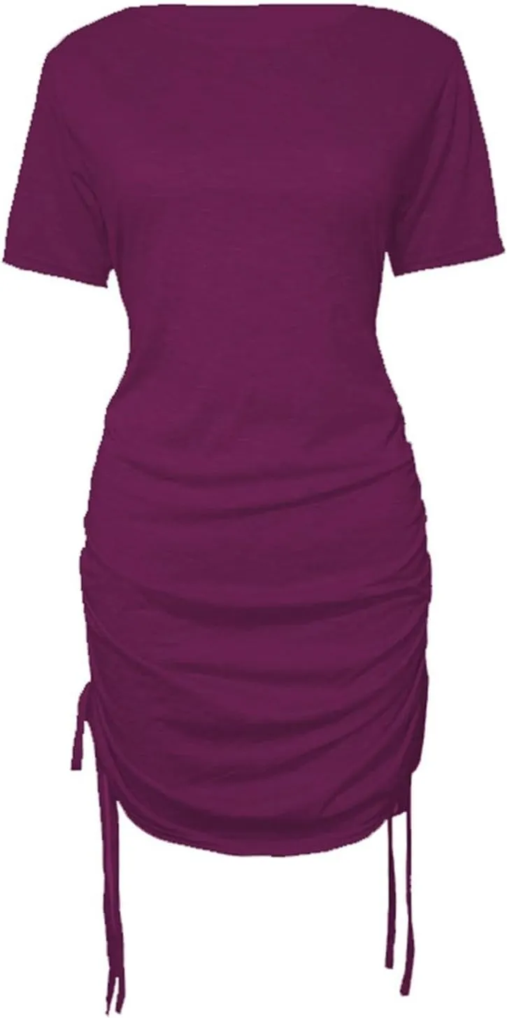 GIERIDUC Women's Summer Ruched Short Sleeve Bodycon Mini Dress Casual Drawstring Ribbed Knit Round Neck T Shirt Short Dresses