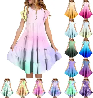 Girl's 2025 Summer Dress Smocked Flutter Sleeve a Line Sundresses Swing Casual Party Dresses