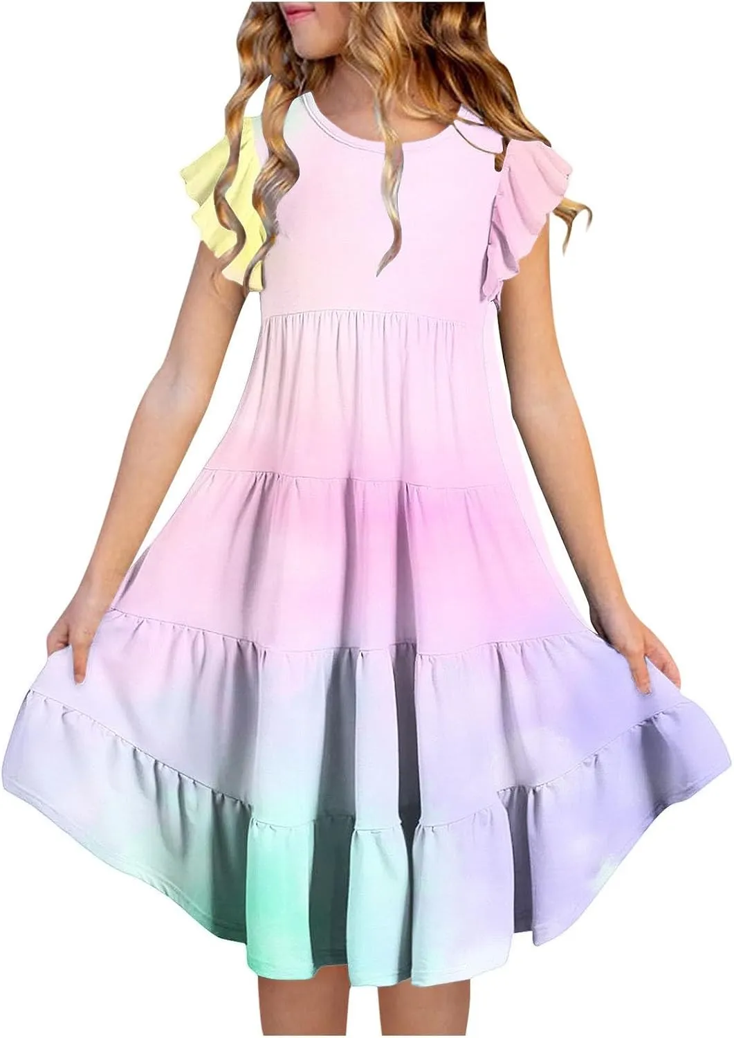 Girl's 2025 Summer Dress Smocked Flutter Sleeve a Line Sundresses Swing Casual Party Dresses