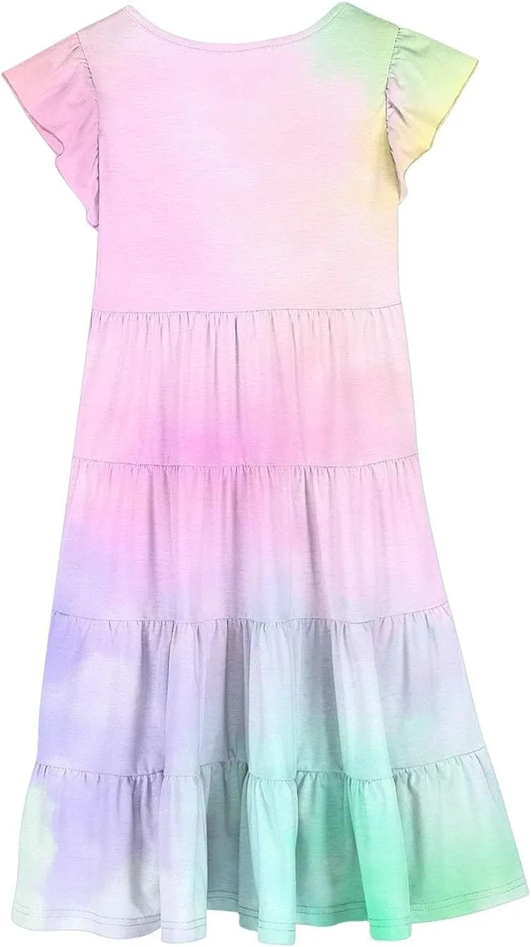 Girl's 2025 Summer Dress Smocked Flutter Sleeve a Line Sundresses Swing Casual Party Dresses
