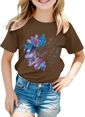 Girls Cute Graphic Tees Sunflower T-Shirt 3/4 Sleeve Aesthetic Blouse for Girls Cute Tops Crewneck T-Shirt Tees Blouses