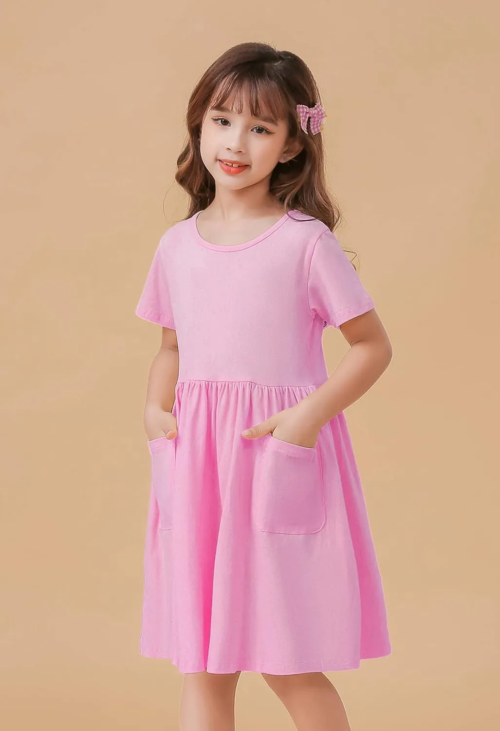 Girls Dresses Short Sleeve Solid Color Casual A-Line Pleated Dress with Pockets