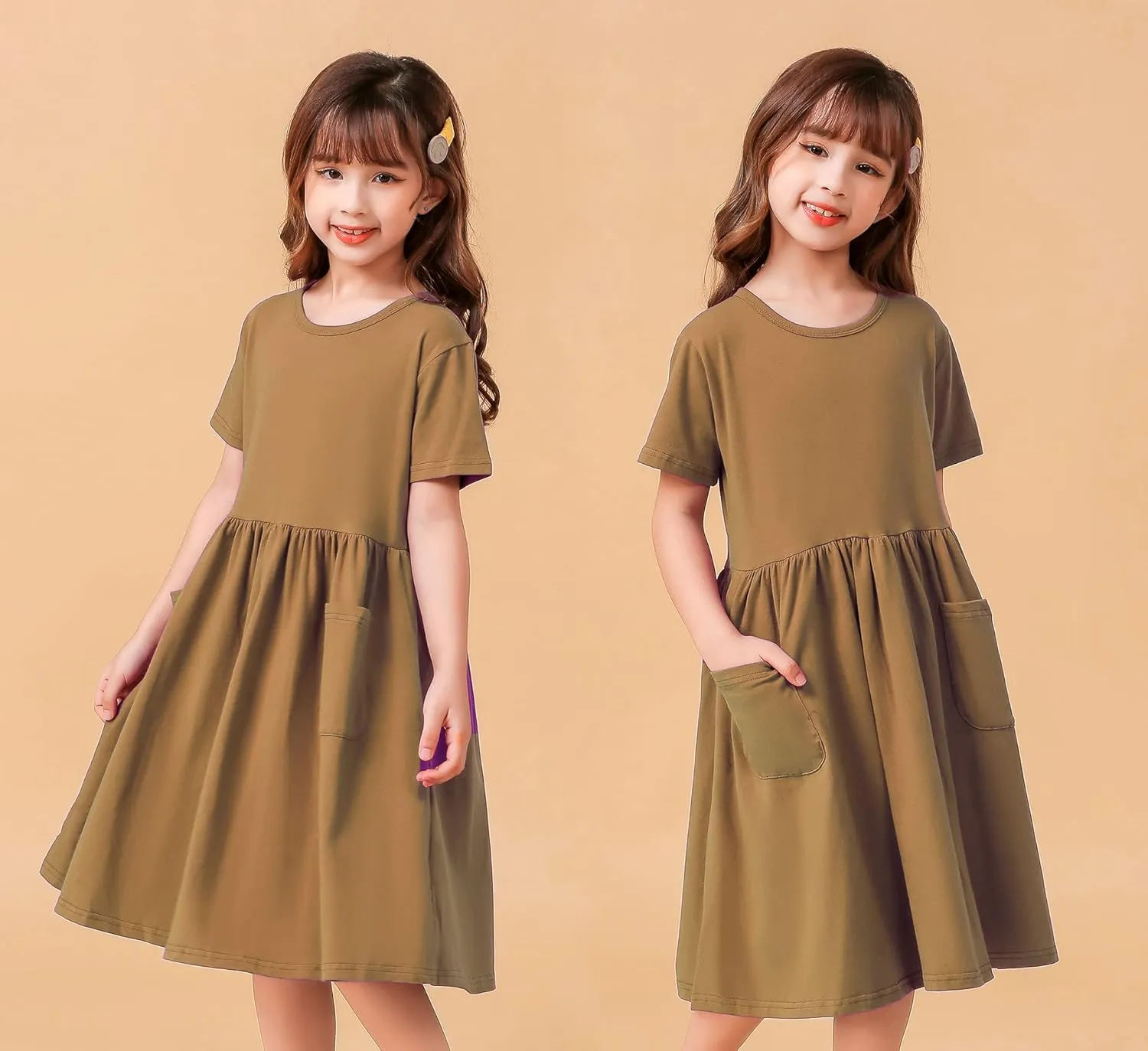 Girls Dresses Short Sleeve Solid Color Casual A-Line Pleated Dress with Pockets