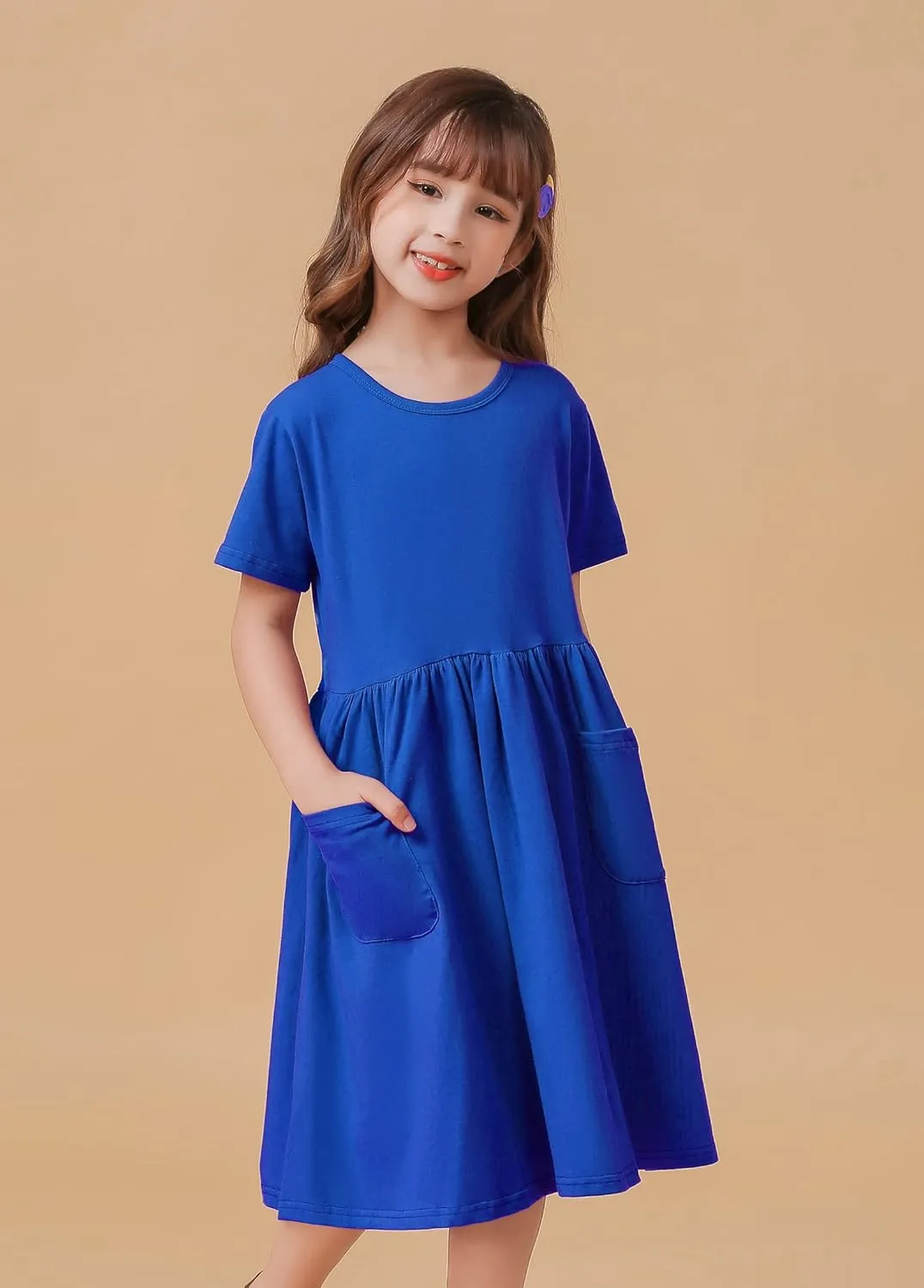 Girls Dresses Short Sleeve Solid Color Casual A-Line Pleated Dress with Pockets
