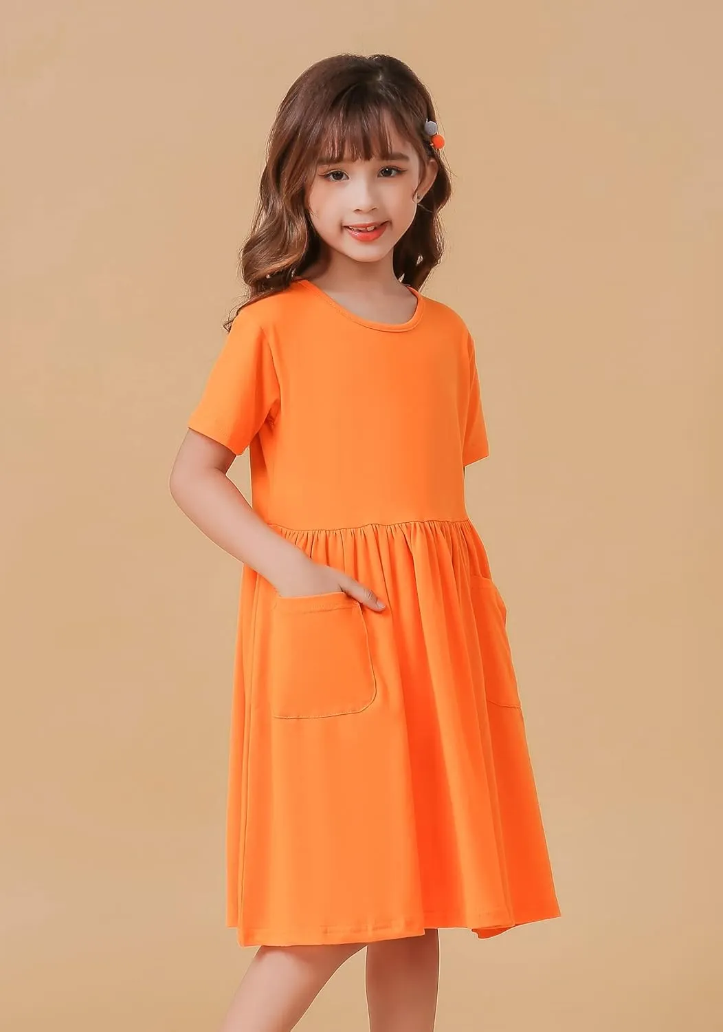 Girls Dresses Short Sleeve Solid Color Casual A-Line Pleated Dress with Pockets