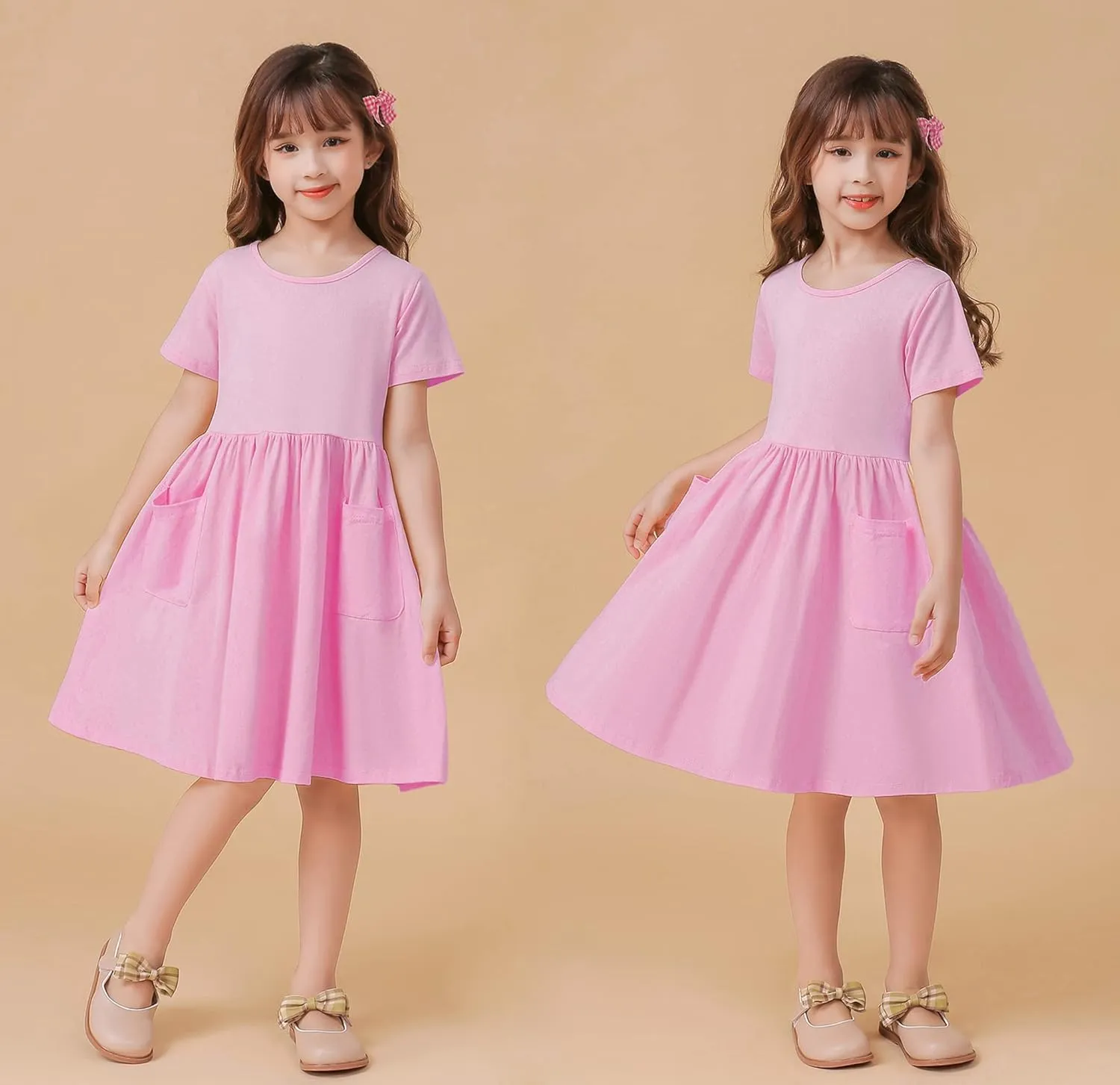 Girls Dresses Short Sleeve Solid Color Casual A-Line Pleated Dress with Pockets