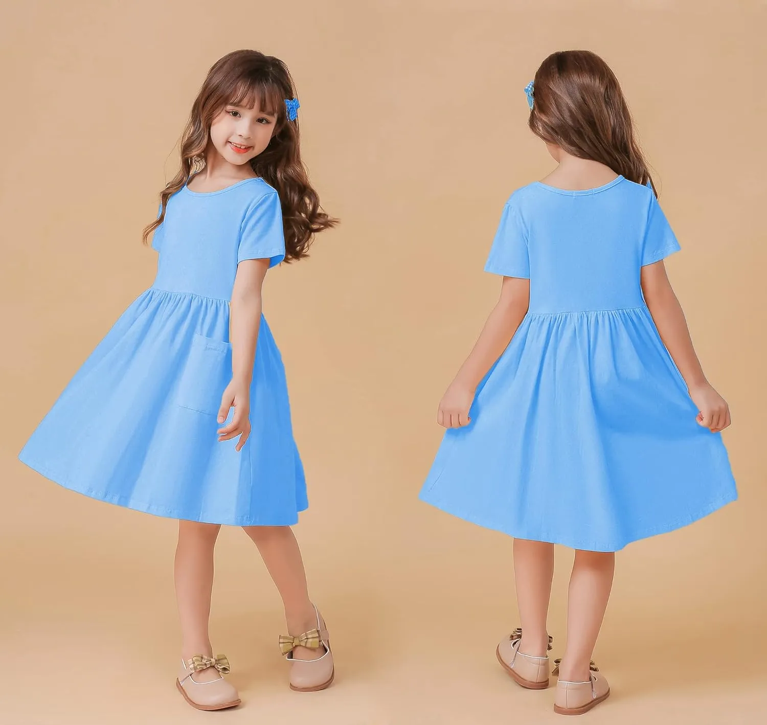 Girls Dresses Short Sleeve Solid Color Casual A-Line Pleated Dress with Pockets
