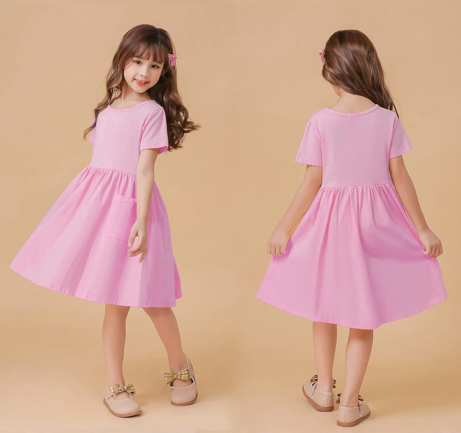 Girls Dresses Short Sleeve Solid Color Casual A-Line Pleated Dress with Pockets