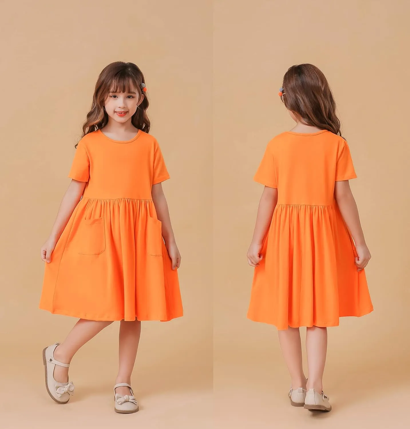Girls Dresses Short Sleeve Solid Color Casual A-Line Pleated Dress with Pockets