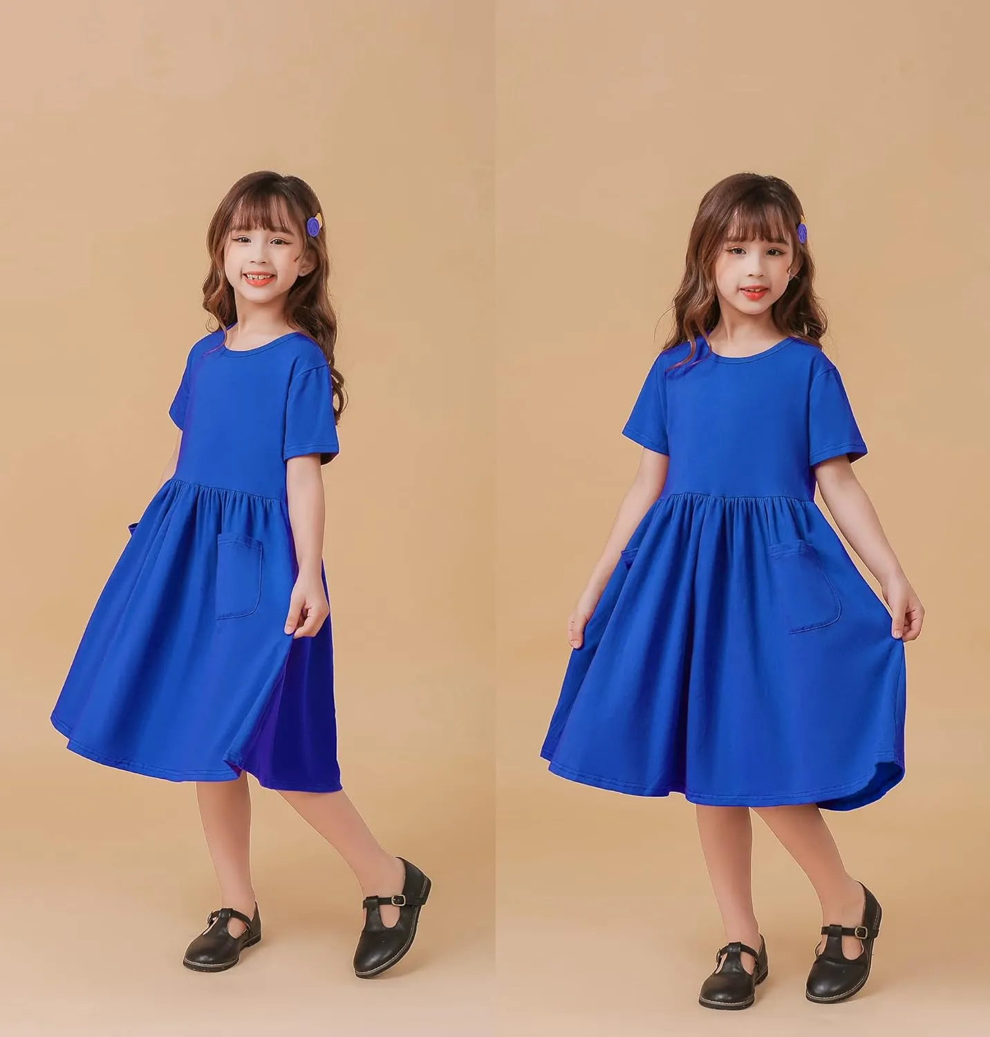 Girls Dresses Short Sleeve Solid Color Casual A-Line Pleated Dress with Pockets