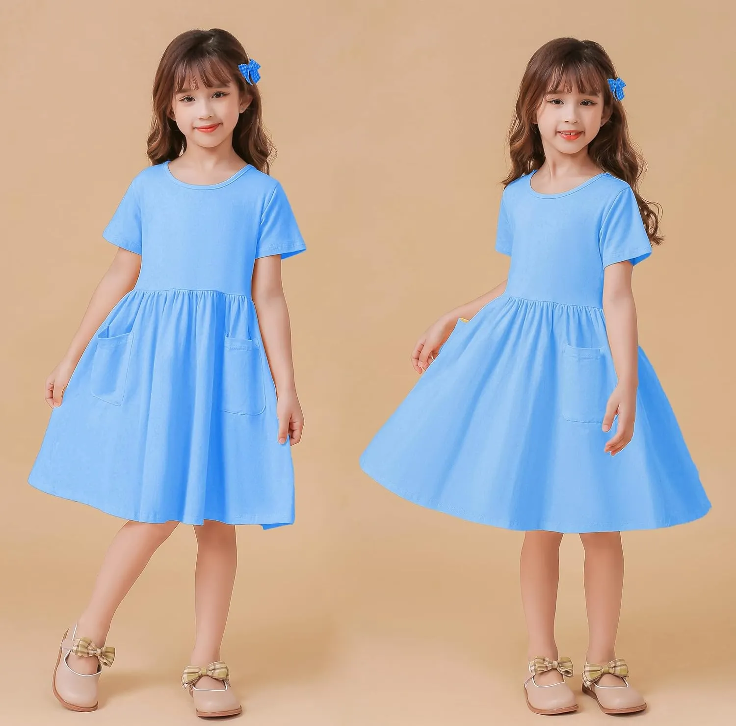 Girls Dresses Short Sleeve Solid Color Casual A-Line Pleated Dress with Pockets