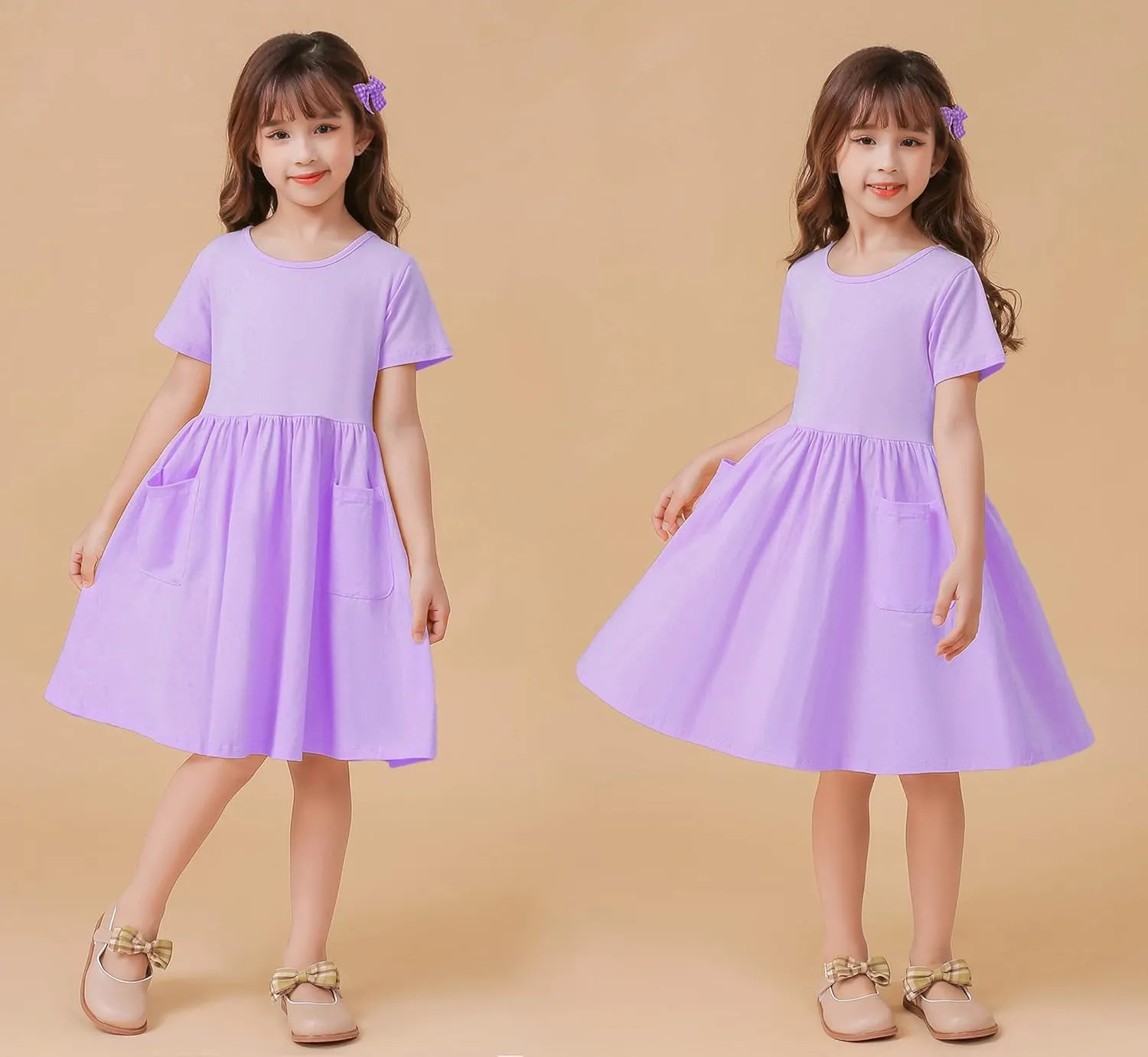 Girls Dresses Short Sleeve Solid Color Casual A-Line Pleated Dress with Pockets
