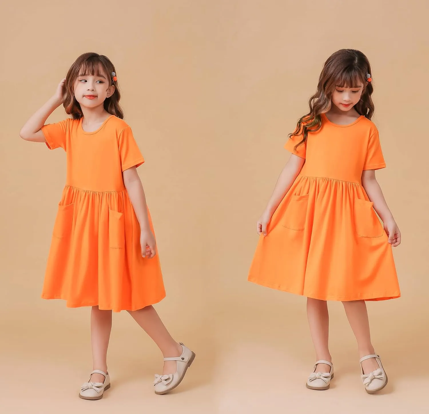 Girls Dresses Short Sleeve Solid Color Casual A-Line Pleated Dress with Pockets