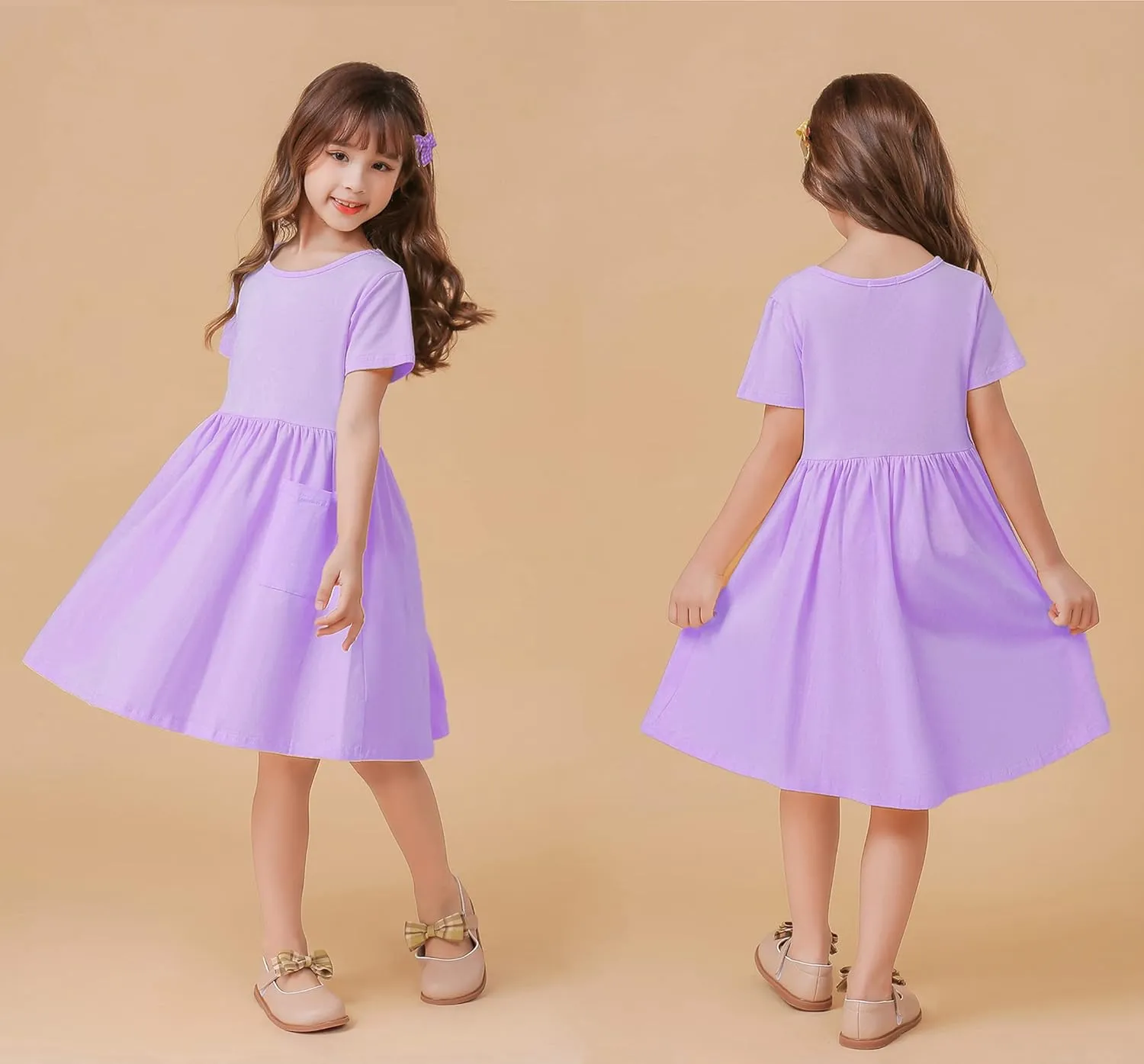 Girls Dresses Short Sleeve Solid Color Casual A-Line Pleated Dress with Pockets