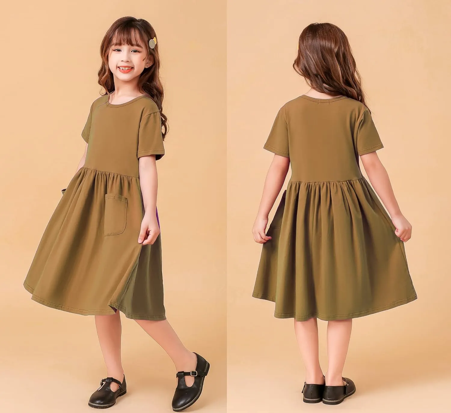Girls Dresses Short Sleeve Solid Color Casual A-Line Pleated Dress with Pockets